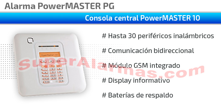 Alarma PoweMaster 10 PG2 con módulo GSM, comunicación bidireccional y zonas escalables.