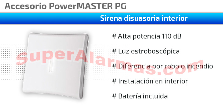 Sirena de interior alta potencia para alarmas PowerMASTER SR-720B PG2