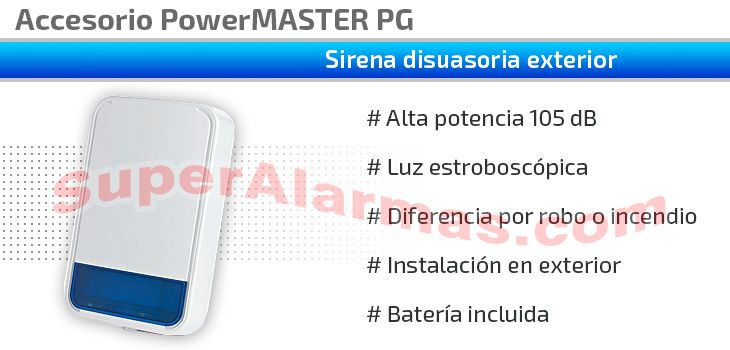 Sirena de exterior inalámbrica para alarmas PowerMASTER SR 740 PG2