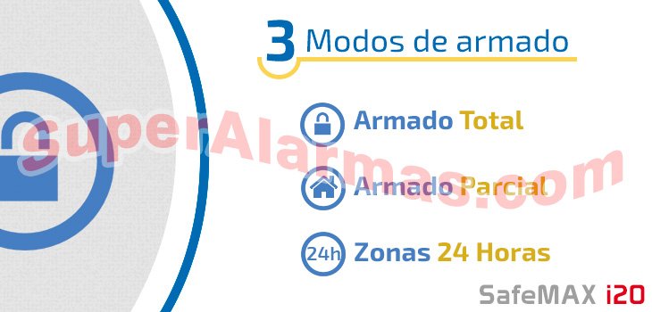 Modos de armado total, parcial ó 24 horas en la alarma SafeMAX i20