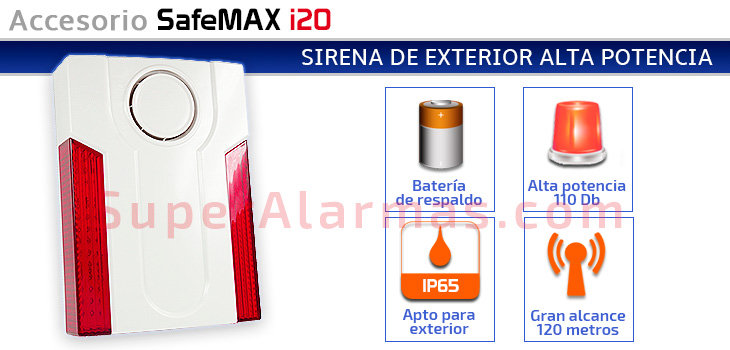 Sirena de exterior alta potencia para alarmas IP SafeMAX i20.