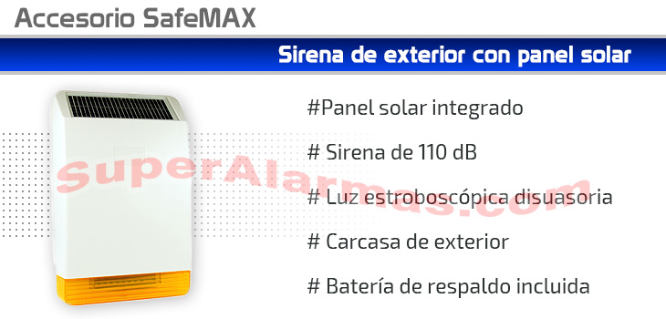 Sirena de exterior con alimentación por energía solar para alarmas SafeMax 