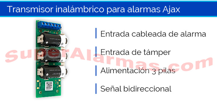Transmisor inalámbrico para sensores cableados compatible con la alarma Ajax