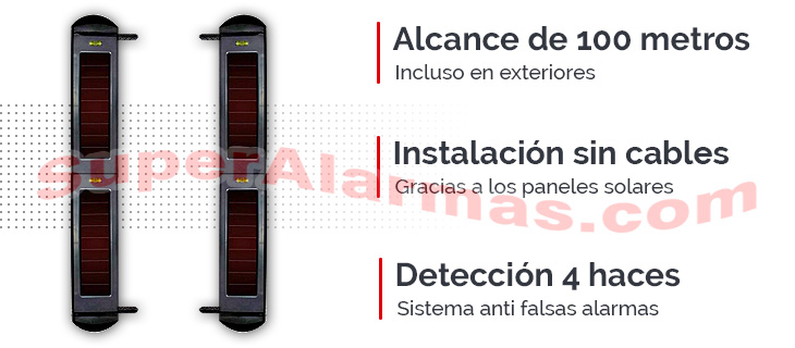 Barrera infrarrojos 4 haces con 100 metros de alcance y alimentación solar