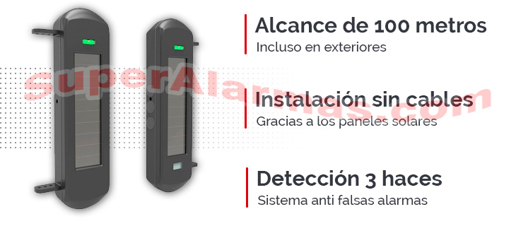 Barrera de infrarrojos para exterior con alimentación solar y detección por triple haz IR