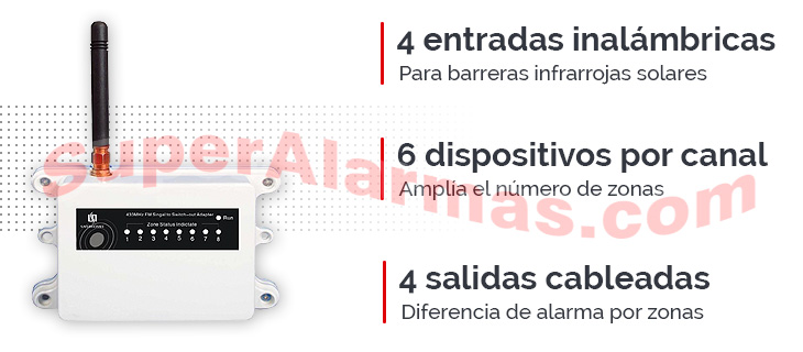 Receptor inalámbrico para 4 barreras inalámbricas con 4 salidas cableadas adicionales