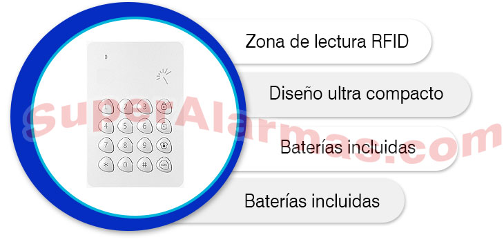 Teclado inalámbrico para alarmas Aurora con zona de lectura radiofrecuencia.