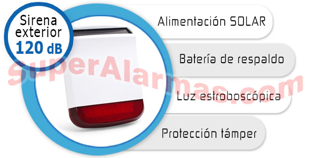 Sirena de exterior con alimentación solar y luz estroboscópica.