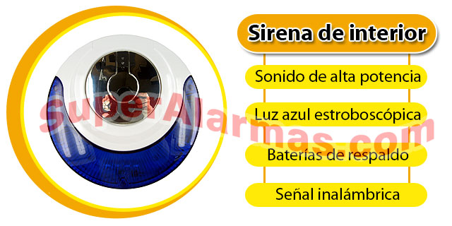 Sirena de interior con potente luz azul y batería de respaldo.