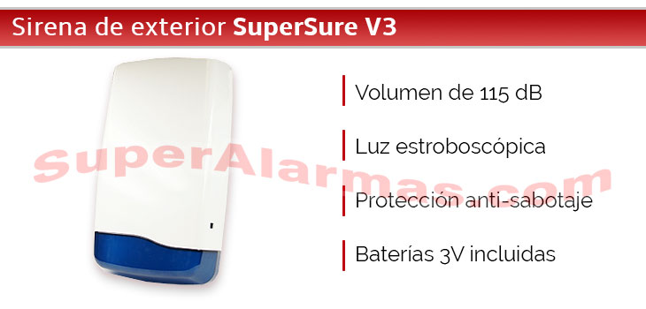 Sirena de exterior inalámbrica con luz estroboscópica alarma SuperSure