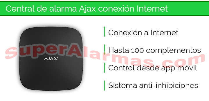 Central de alarma Ajax Hub con conexión a Internet y aplicación móvil.