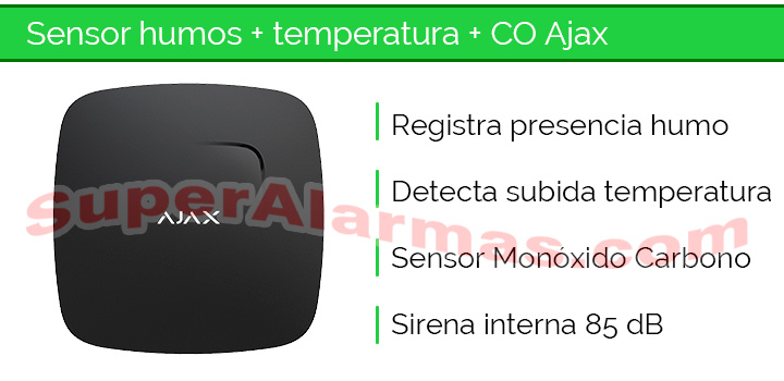 Detector de humo, subida de temperatura y CO para alarmas Ajax