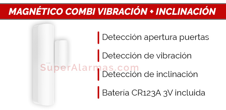 Magnético COMBI apertura puertas, vibración e inclinación para alarmas Hikvision AX-Pro