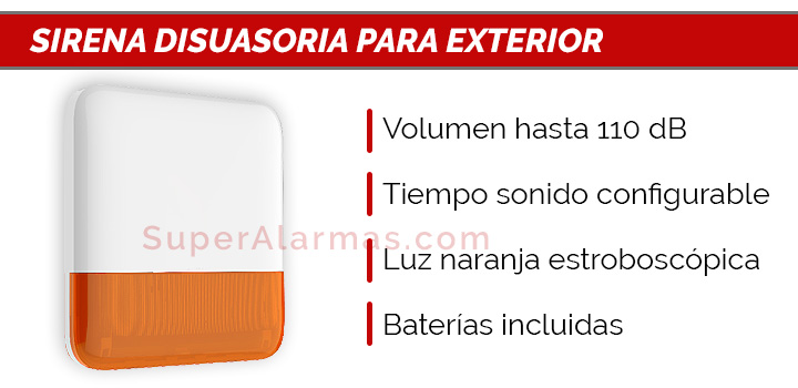 Sirena de exterior Hikvision AX Pro con alta potencia y luz naranja estroboscópica.