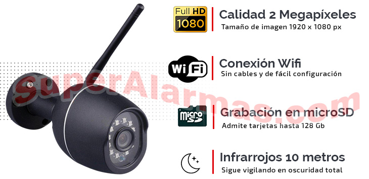 Cámara IP Wifi de exterior con grabación, infrarrojos y micrófono.