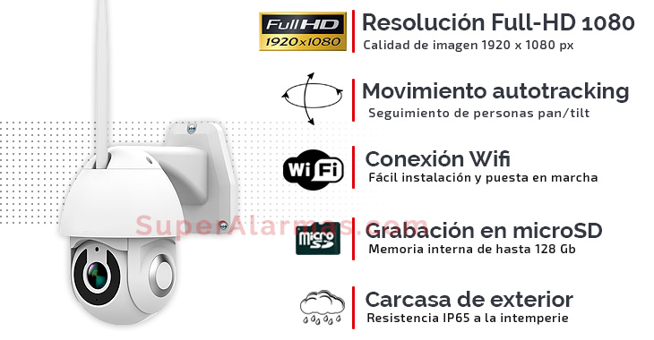 Cámara IP Wifi con auto-tracking, grabación, visión nocturna y carcasa exterior