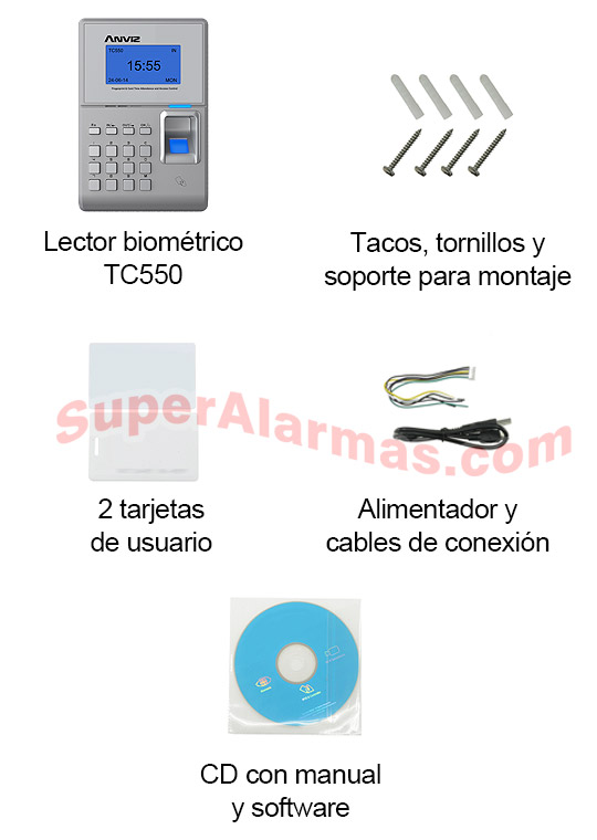 Contiene todo lo necesario para instalar este control de acceso y horario y conectarlo a su ordenador.