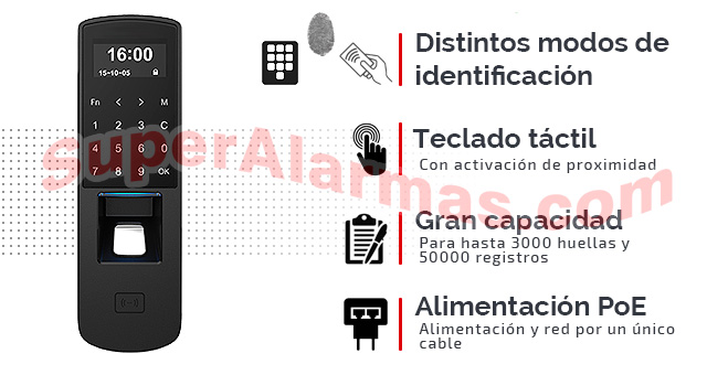 Control de acceso biométrico con teclado táctil y lector RFID.